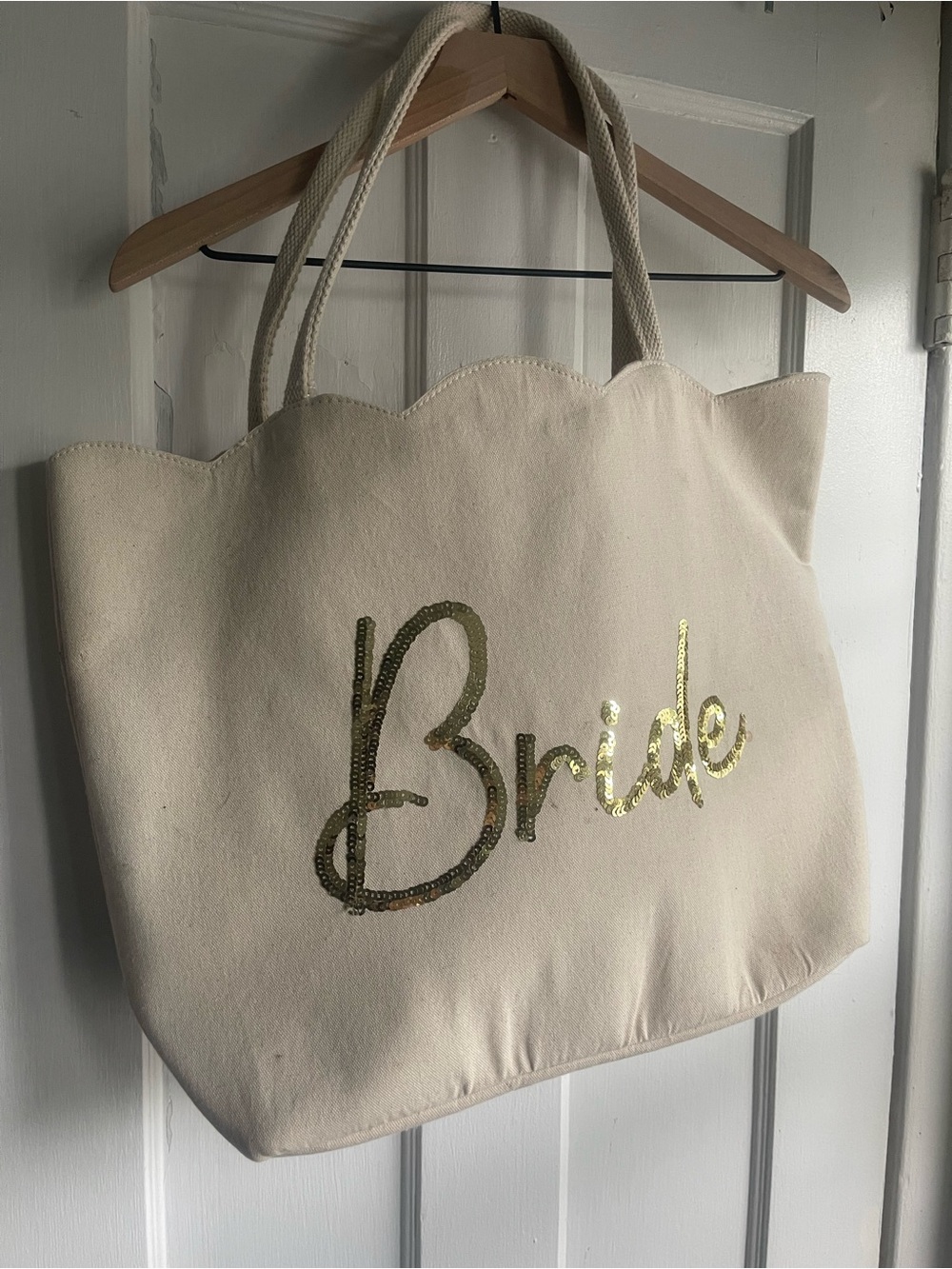 Mud Pie Cream Canvas Tote with Gold Sequin "Bride"